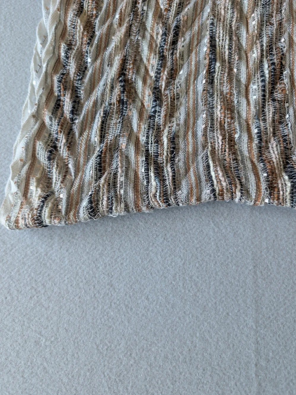 Metallic Multi-Tone Chevron Pleat Infinity Scarf Beige Brown & Silver Knit Sheer